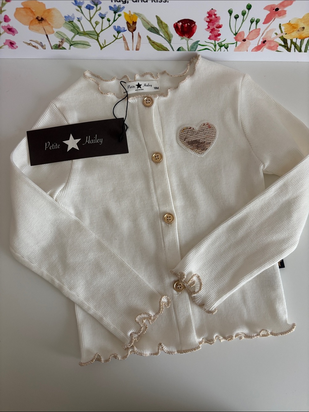 Petite Hailey Cream Ribbed Heart-Accent Kids Cardigan